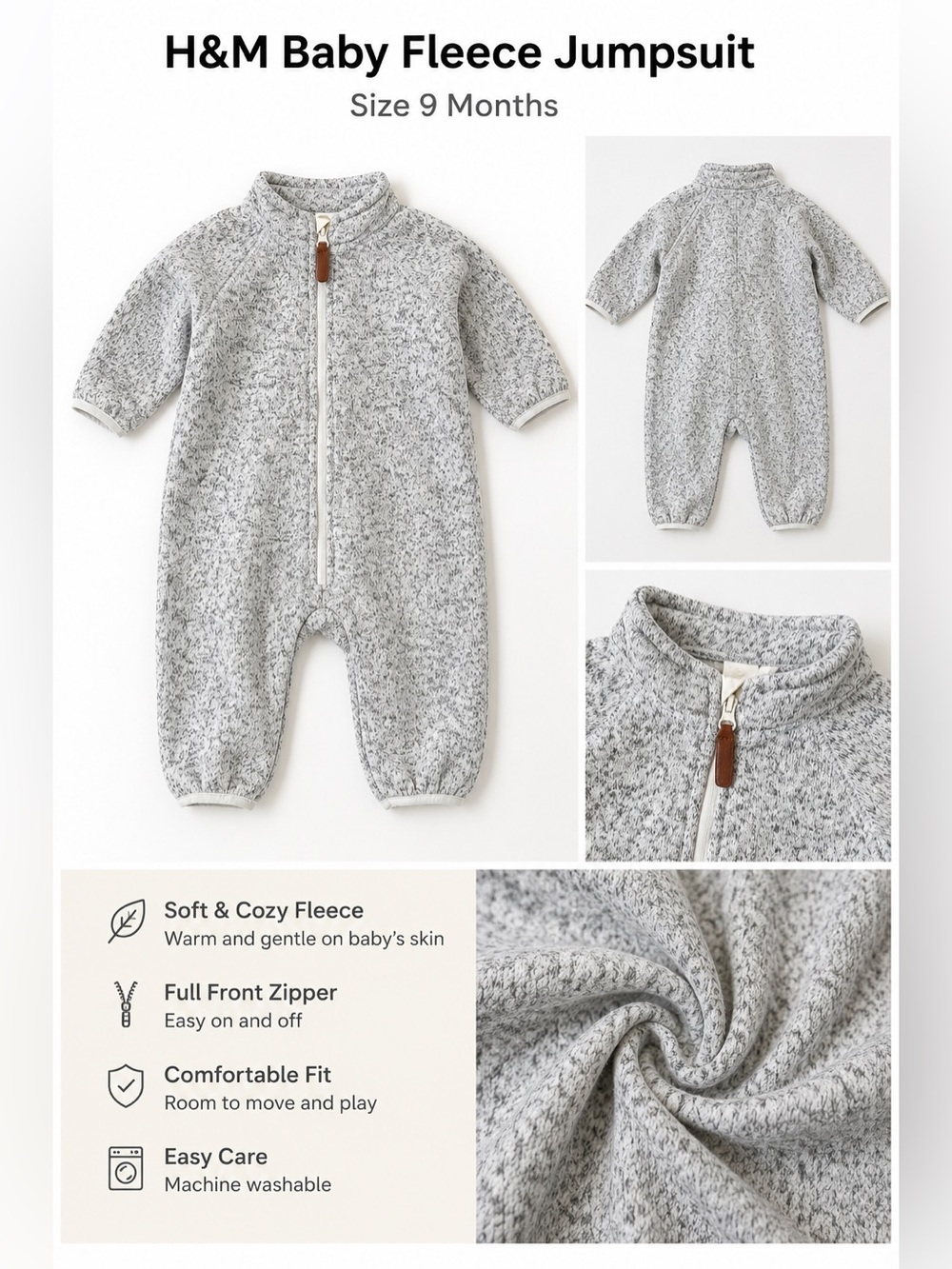H&M Baby Cozy Fleece One-Piece Jumpsuit Romper,Gray Heather, 6-9 Month